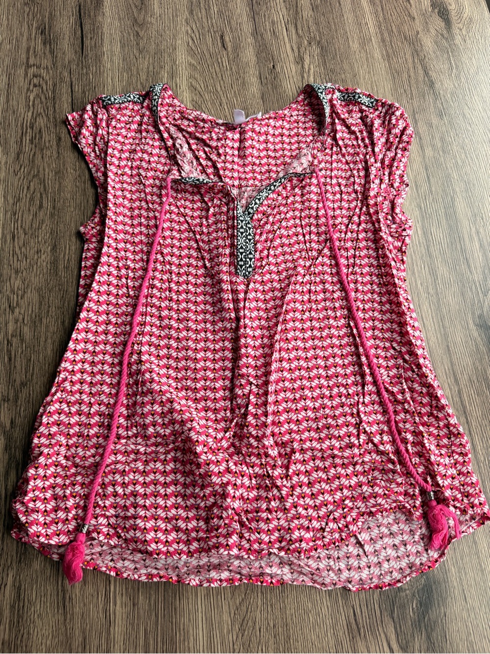 DR2 Pink Patterned Short-Sleeve Tunic with Tassel Ties